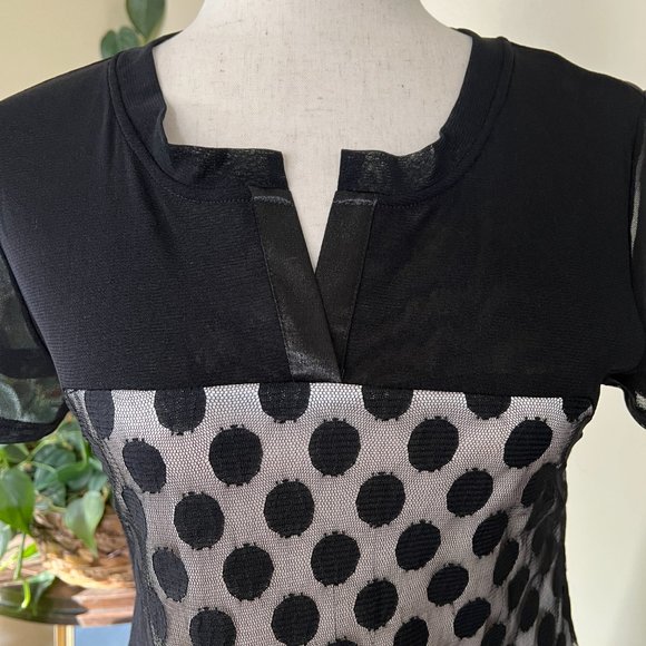 Clotheshead Black Sheer Polka Dot Dress w/ Ivory Underlay, sz M - Picture 2 of 10